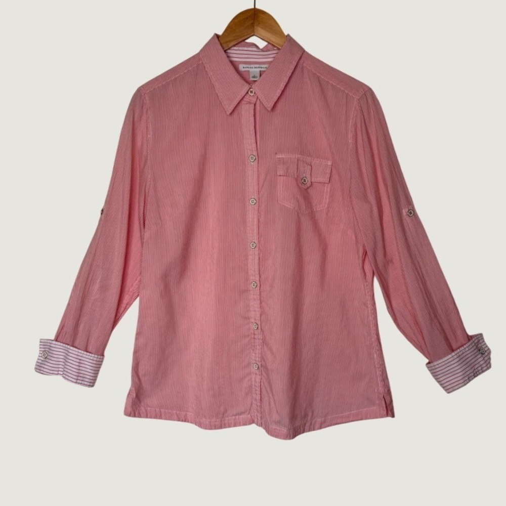 Banana Republic Womens L Pink White Stripe Button Up Cotton Silk Pocket Safari⁠